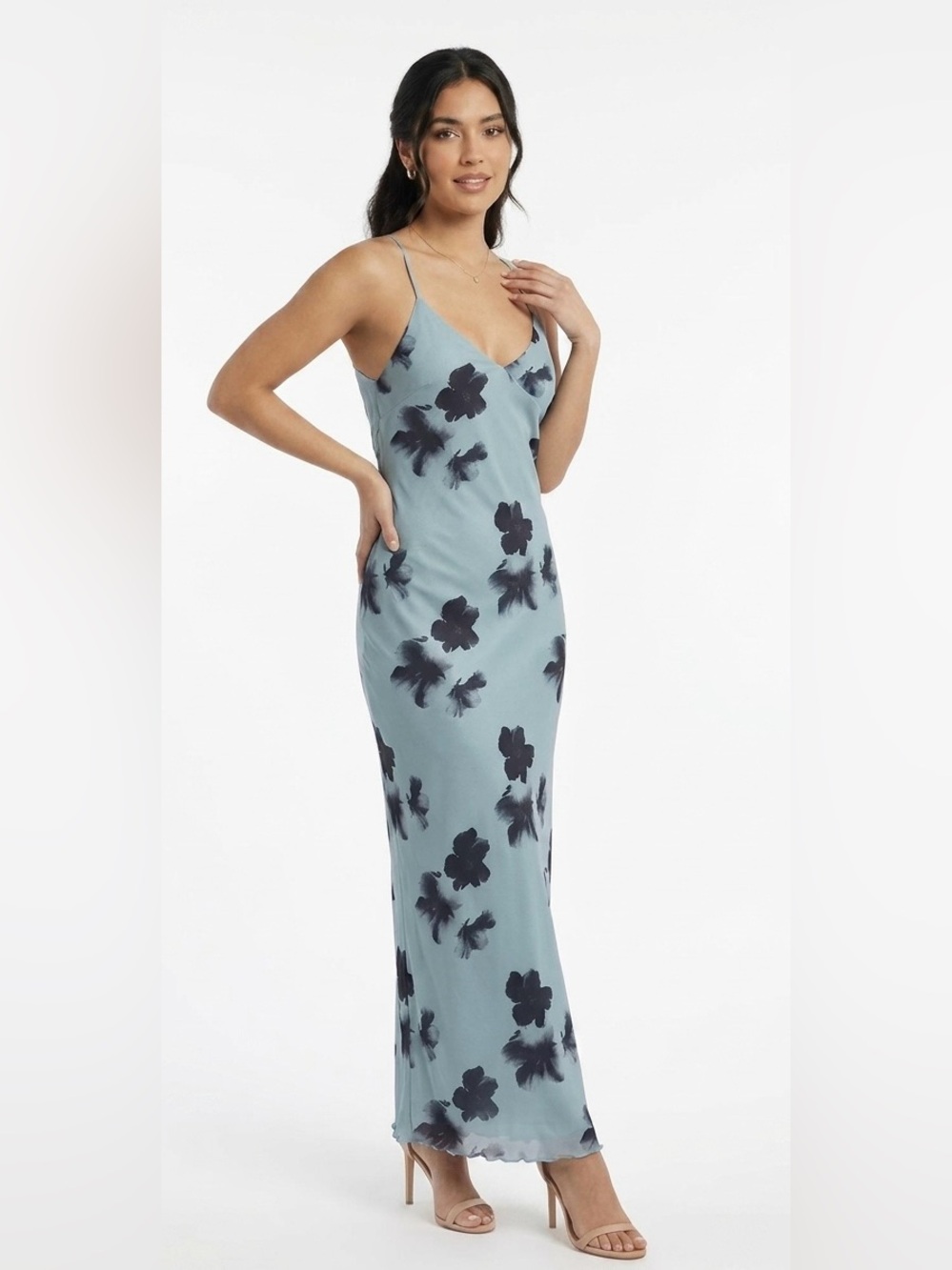 NWT Dusty Blue Floral Slip Maxi Dress with Spaghetti Straps